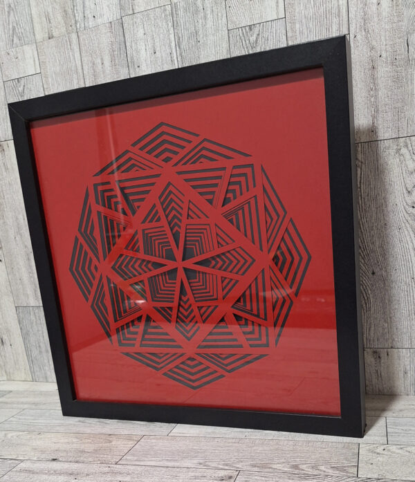 Angled view of red and black shadowbox