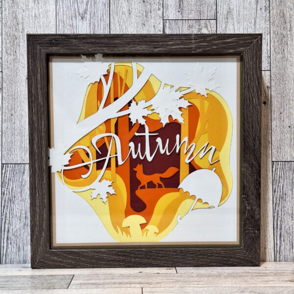 Cute fox and fall leaves of layered paper in this Autumn shadow box.