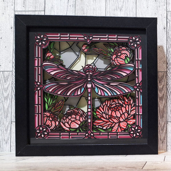 front view of framed dragonfly paper craft shadowbox