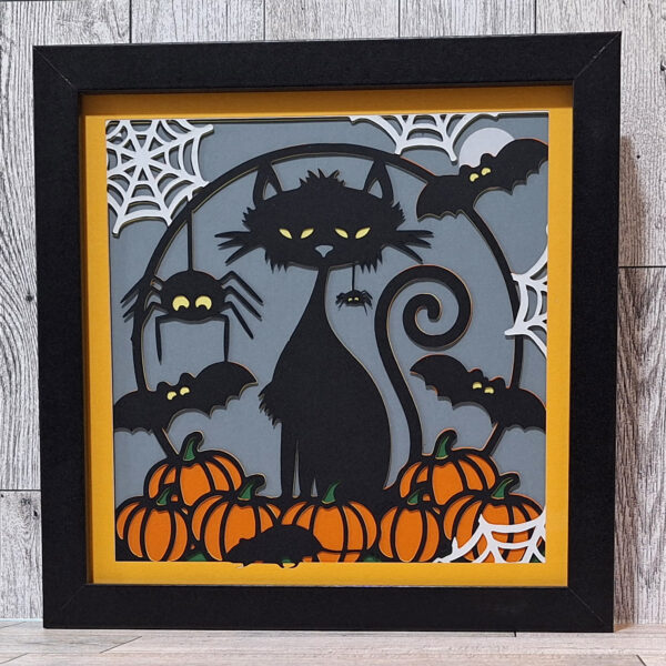 Halloween cats, pumpkins, and spiders shadowbox