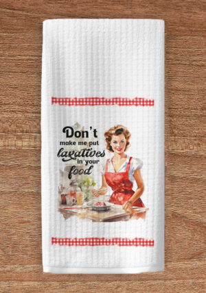 Retro housewife on towel with title text