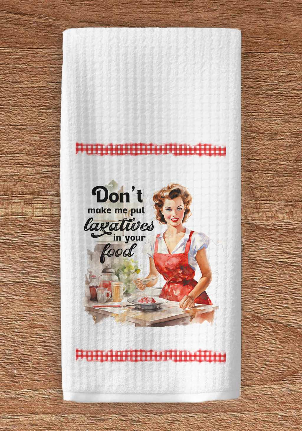 Retro housewife on towel with title text