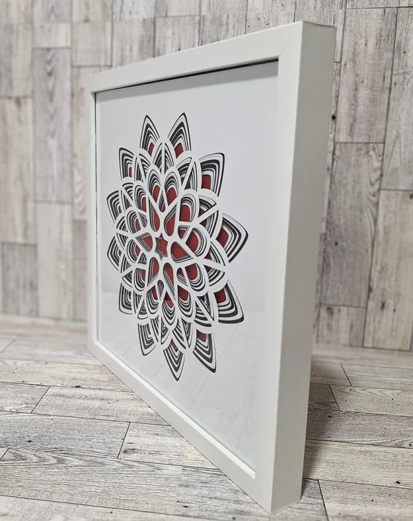 Angled view of black, white, and red shadowbox.